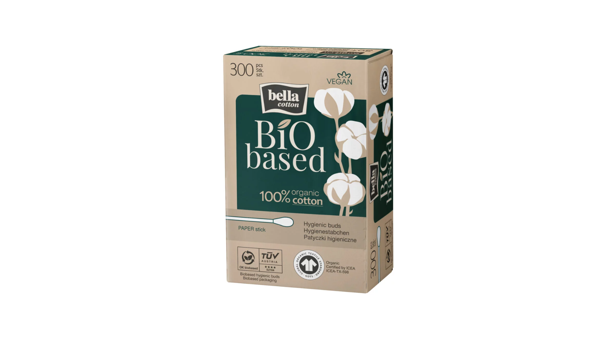BELLA COTTON BIO vates – papīra kociņi kartona iepakojumā, 300 gab.